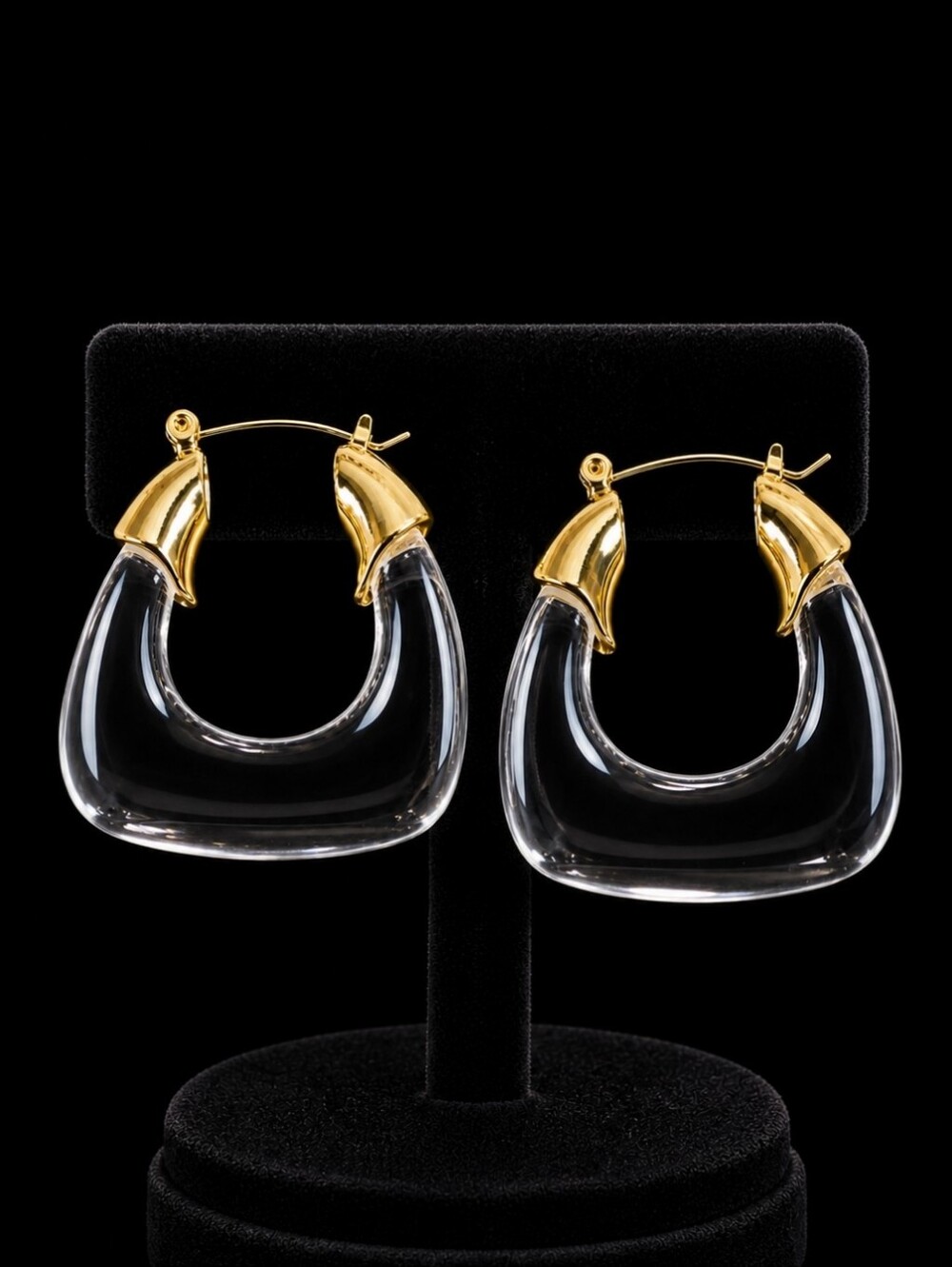 Thick Clear Chunky Lucite Gold Tone Pierced Earrings Unsigned